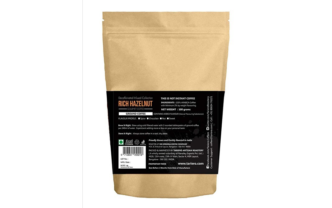 Tariero Artisan Roastery Rich Hazelnut Gourmet Coffee   Pack  100 grams
